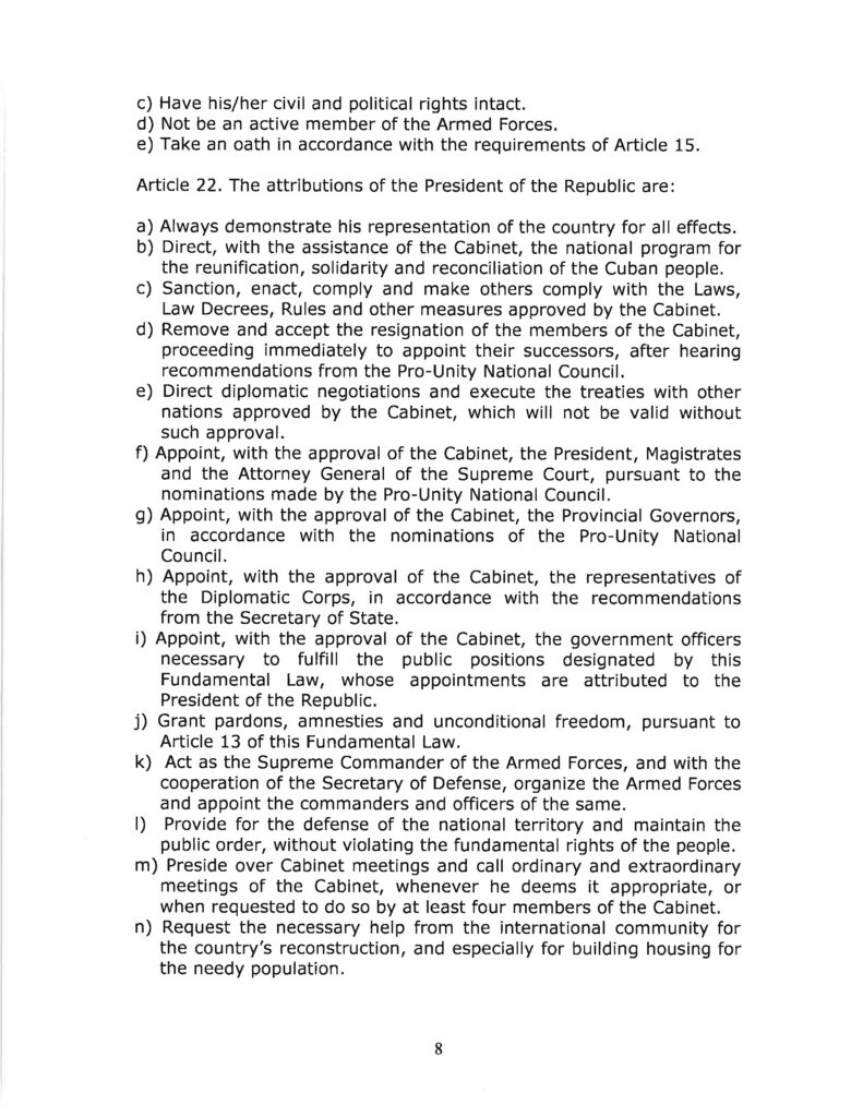 DRAFT- FUNDAMENTAL TRANSITIONAL LAW OF THE REPUBLIC OF CUBA- English 8