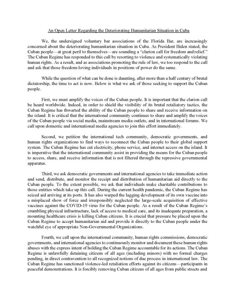 An Open Letter Regarding the Deteriorating Humanitarian Situation in Cuba 1