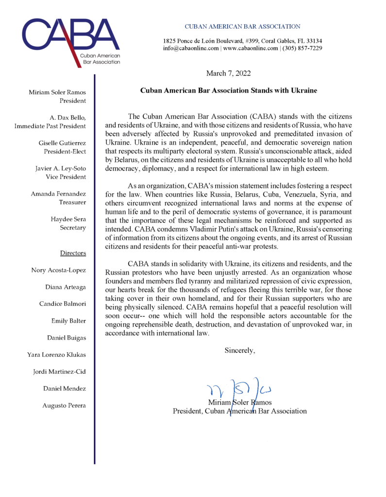 Cuban American Bar Association Stands with Ukraine