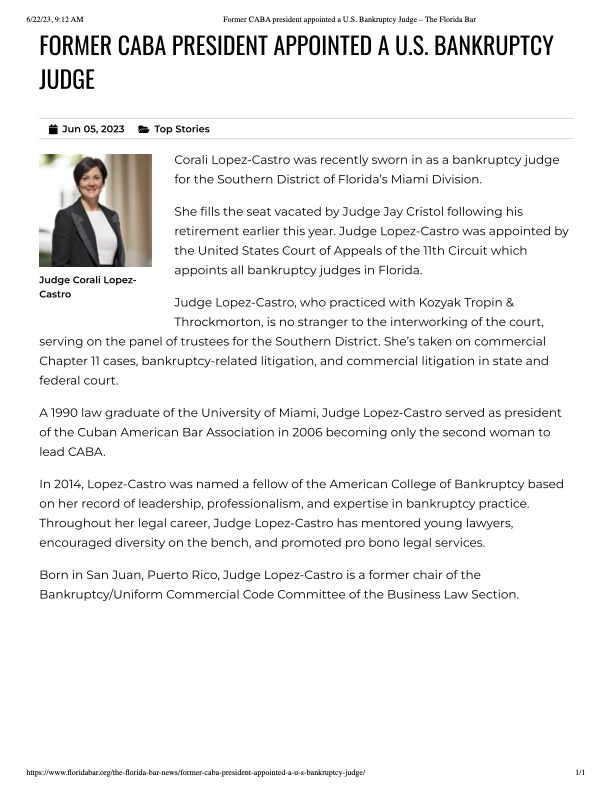 FORMER CABA PRESIDENT APPOINTED A U.S. BANKRUPTCY JUDGE, Jun. 5, 2023 ...