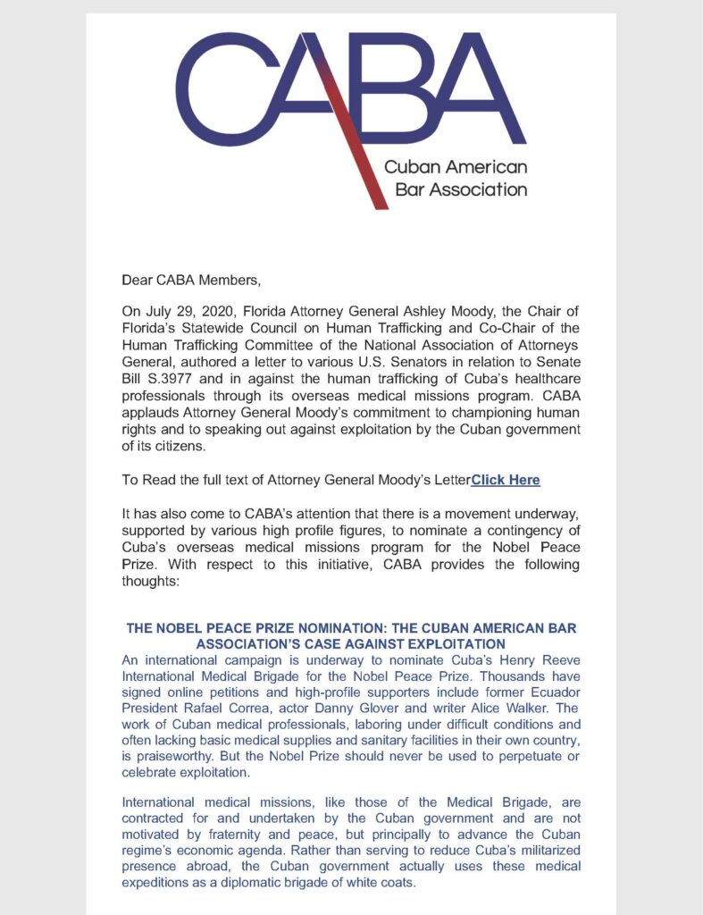 THE NOBEL PEACE PRIZE NOMINATION: THE CUBAN AMERICAN BAR ASSOCIATION’S CASE AGAINST EXPLOITATION 1