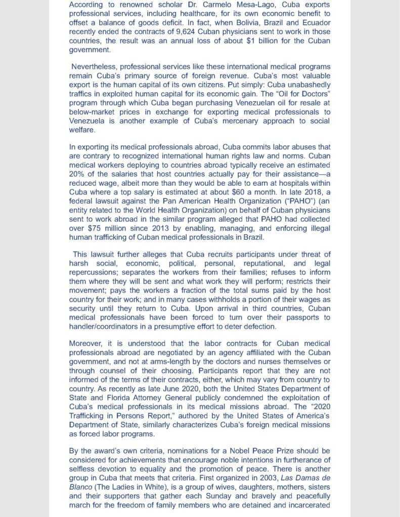 THE NOBEL PEACE PRIZE NOMINATION: THE CUBAN AMERICAN BAR ASSOCIATION’S CASE AGAINST EXPLOITATION 2