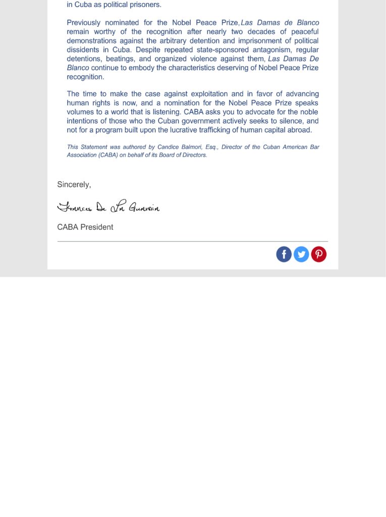 THE NOBEL PEACE PRIZE NOMINATION: THE CUBAN AMERICAN BAR ASSOCIATION’S CASE AGAINST EXPLOITATION 3