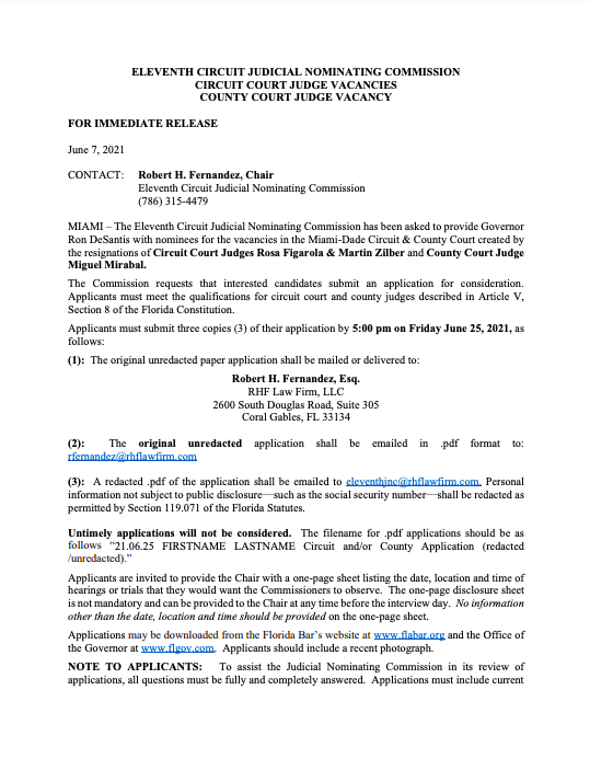 Eleventh Circuit Judicial Nominating Commission, Circuit Court Judge Vacancies, County Court Judge Vacancy 1