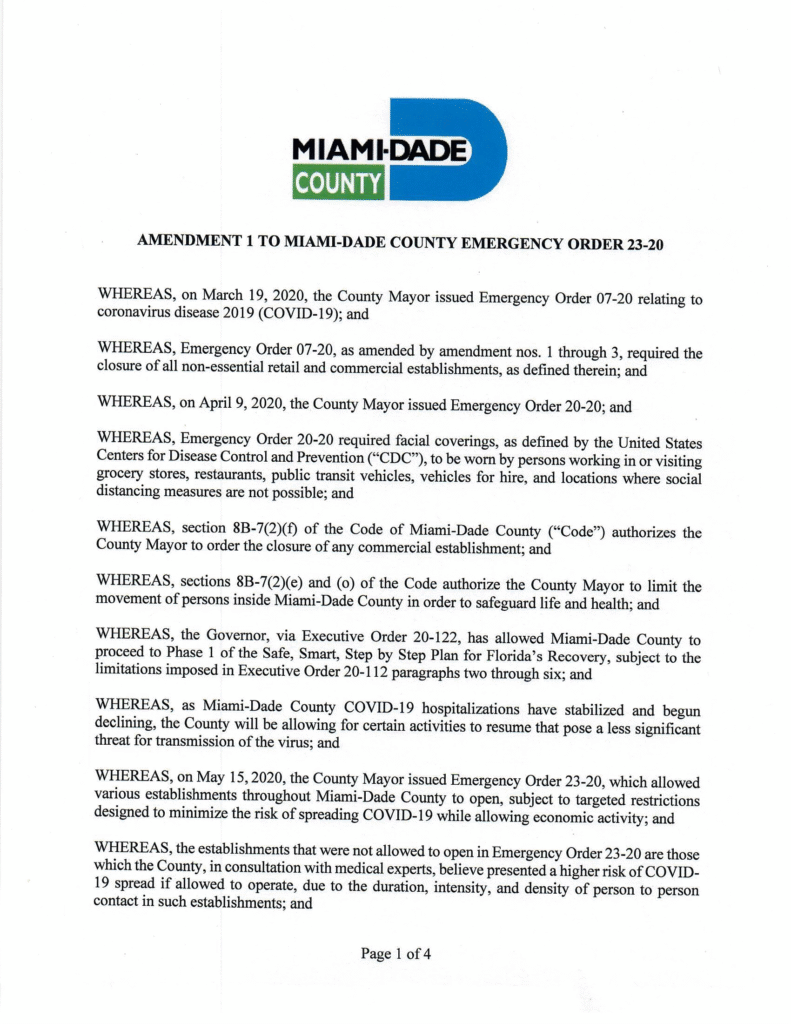 Coronavirus Emergency Order 23-20 – New Normal – Amendment 1 1