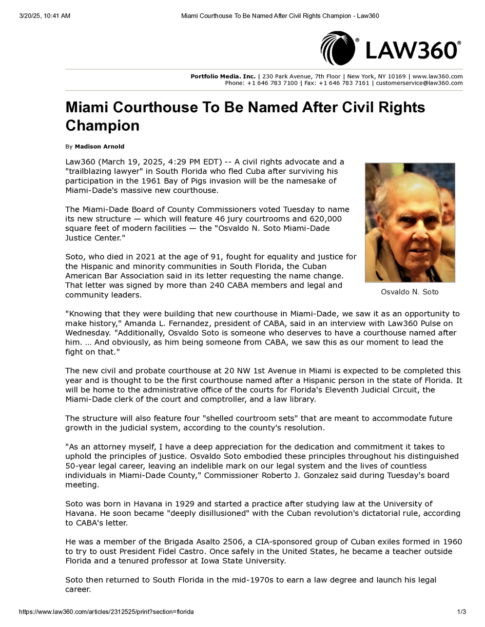 Miami Courthouse To Be Named After Civil Rights Champion - Law360
